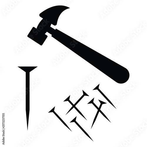Hammer and nail icon set. Simple metal concept illustration on white background. Solid hammer and nail silhouette symbol website graphic design. Vector image.