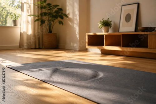 A yoga mat on a sunlit floor showing indentations from a seated pose.