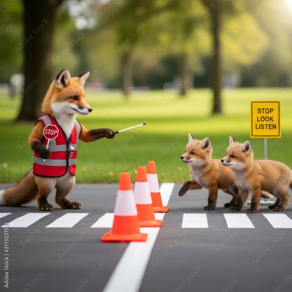 Obraz premium Adult fox acting as crossing guard teaching kits road safety at a crosswalk with traffic cones. Concept of child education and traffic rules.