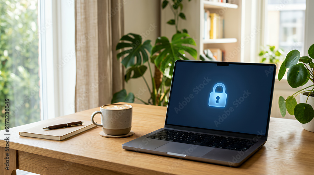 Fototapeta premium Secure Remote Work Connection on Laptop in Bright Home Office