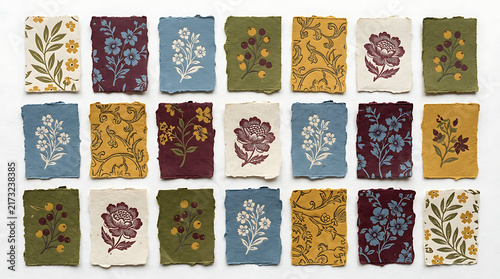 Set of colorful rectangular paper cards with floral patterns
