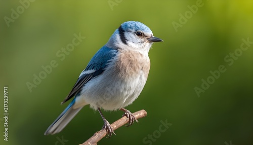 A beautiful blue bird with soft feathers perched on a natural tree branch, isolated against a smooth green background with shallow depth of field. Peaceful wildlife and nature scene.