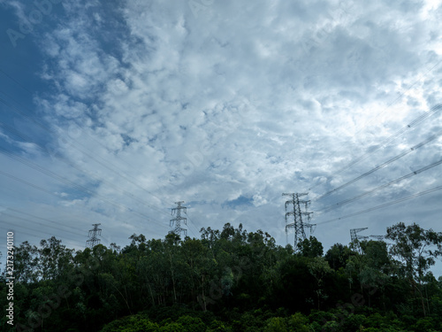 Konstfotografi Aerial view of High voltage line tower on mountain