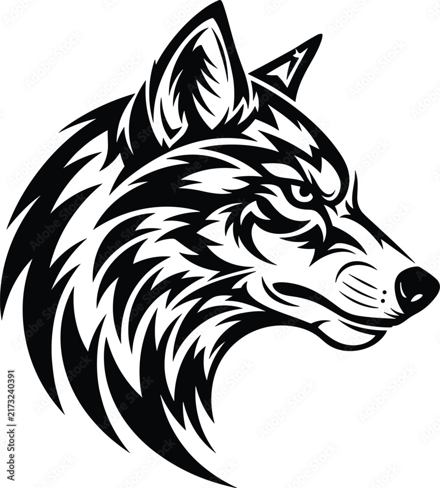 Fototapeta premium Black and white wolf head, bold graphic profile, tattoo-style animal emblem, wilderness symbol, fierce predator illustration, tribal design, strong visual impact