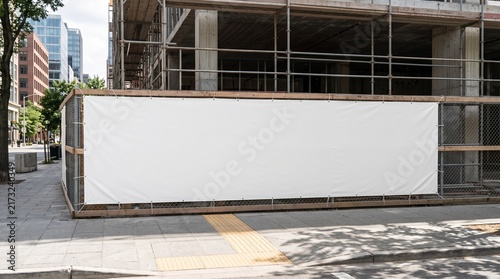 Blank white construction site hoarding banner for advertising mockup in urban city setting.