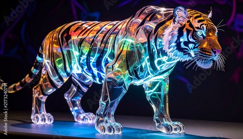 Futuristic Glass Tiger with Internal Neon Glow