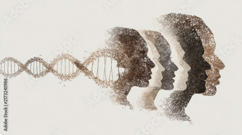 Abstract representation of human identity and genetics evolving through generations