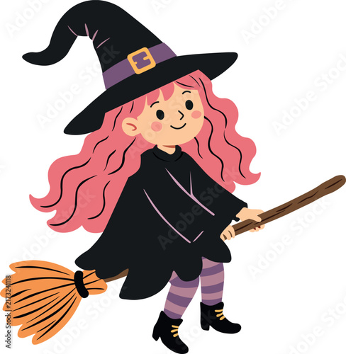 Cute Little Witch Flying on a Broomstick Vector Illustration