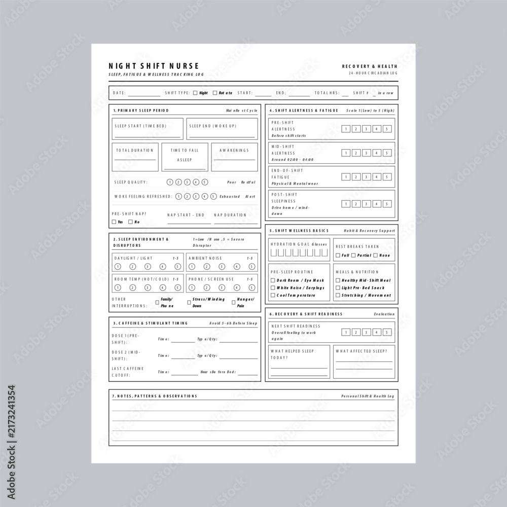 Fototapeta premium Night Shift Nurse Sleep and Wellness Tracking Log Sheet Vector Illustration Template