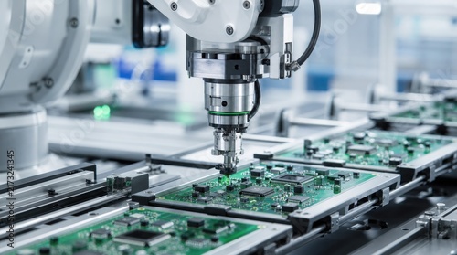 Automated robotic arm assembling electronic circuit boards on a production line in a high-tech manufacturing facility.
