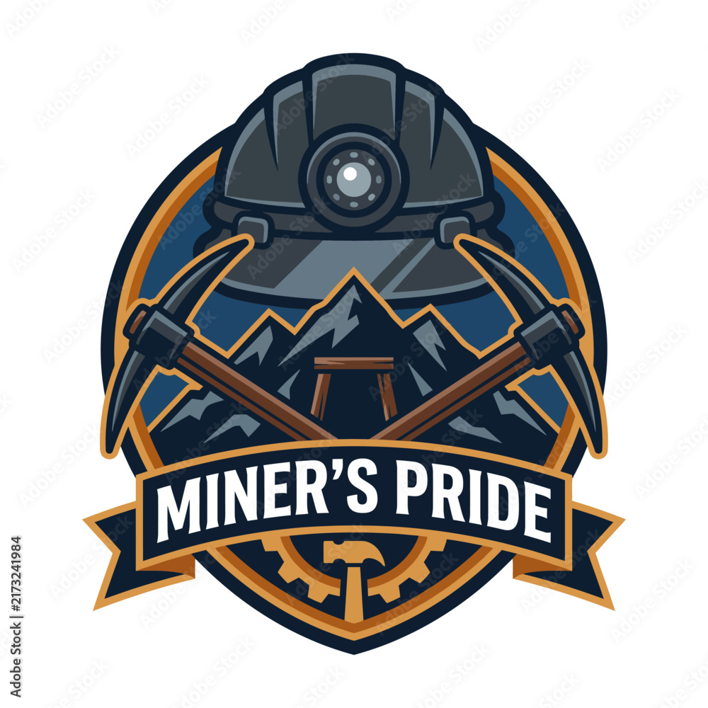 Fototapeta premium A bold logo design featuring a miner's helmet, crossed pickaxes, and a mountain backdrop, showcasing strength and pride in the mining industry, perfect for branding.