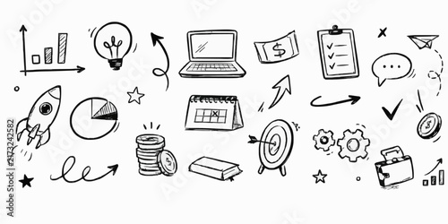 Hand Drawn Business and Startup Doodle Icons Vector Set, Black Pencil Sketch Elements for Marketing, Finance, and Idea Brainstorming