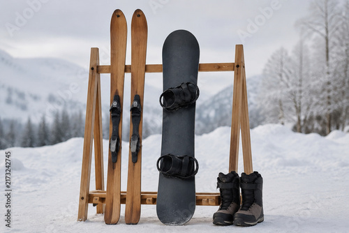 Wooden skis, snowboard and winter boots on wooden rack, winter sports equipment display concept