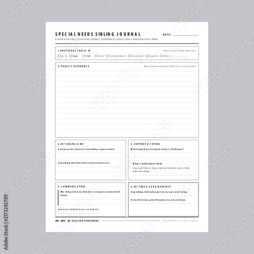 Special Needs Sibling Daily Reflection Journal Planner Page Vector Illustration Template