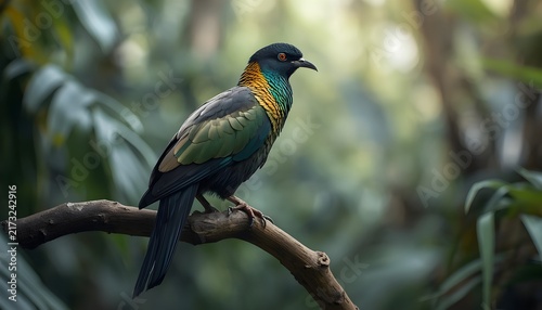 Beautiful iridescent tropical bird with green, blue, and golden plumage perched on a tree branch in a lush rainforest, surrounded by soft natural light and blurred foliage.