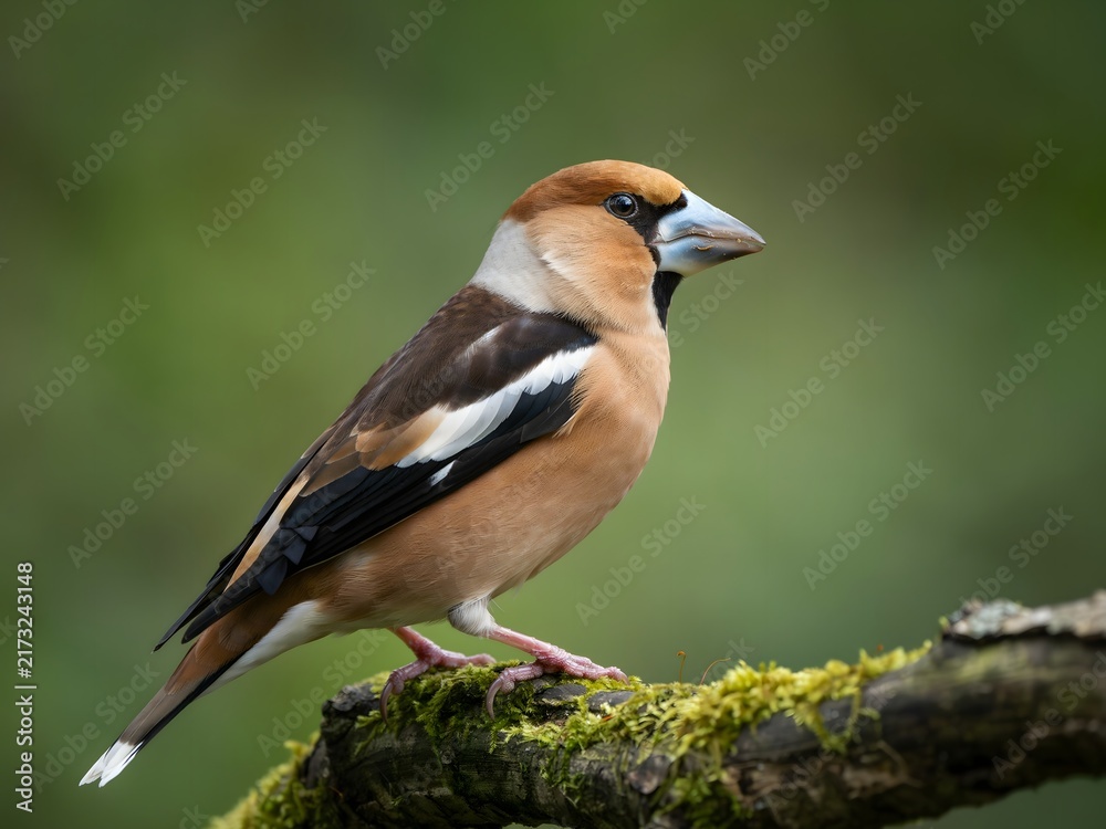 Fototapeta premium Close-up of a colorful bird perched on a mossy branch in nature