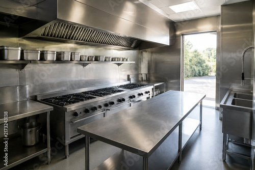 Stainless steel commercial kitchen with worktable and gas range, professional food service and culinary workspace concept