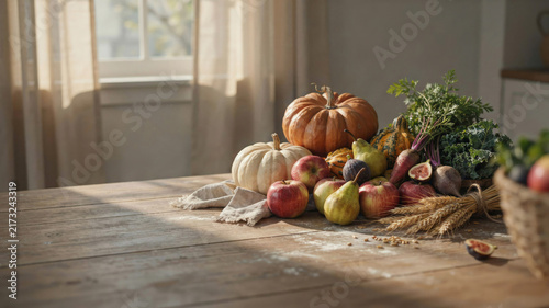 Autumn Harvest Still Life with Pumpkins, Apples, Pears, Root Vegetables and Wheat on Rustic Wooden Table