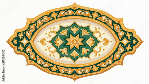 A detailed gold and green arabesque decorative border in a traditional Islamic style, isolated on a white background for luxury branding and cultural design.