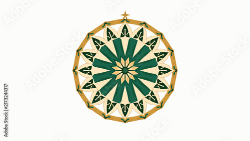 A detailed green and gold circular mandala ornament isolated on a white background, providing ample copy space for elegant branding or invitation design.
