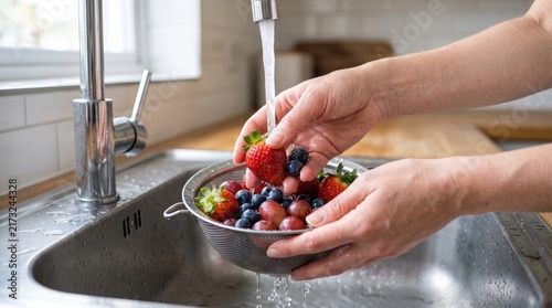 Person washing fresh organic fruit in a stainless steel colander under the kitchen sink faucet