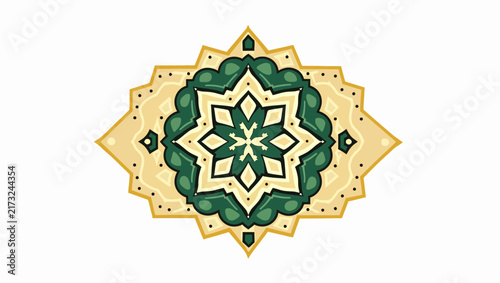 A detailed ornamental mandala design with green and gold tones isolated on a white background, ideal for decorative branding and graphic design projects.
