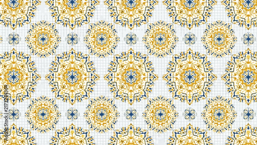 A seamless vector pattern featuring gold and blue ornamental mandala motifs on a white background, ideal for luxury textile and wallpaper design.