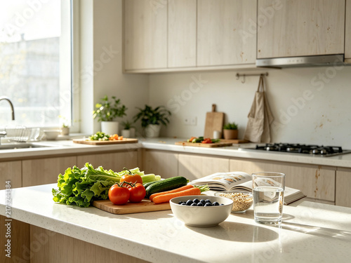 Natural Light Home Kitchen Counter With Fresh Vegetables for Meal Prep