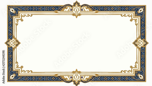 A decorative vector frame featuring traditional blue and gold arabesque patterns, providing a luxurious border with copy space for invitations or certificates.
