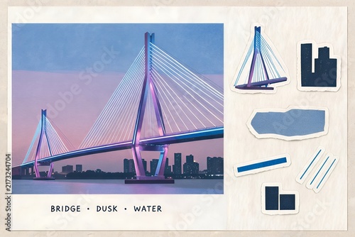 Luminous Skyline Bridge: Dusk Waterfront Urban Architecture