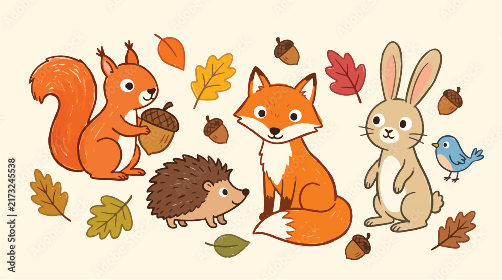 Naklejka premium Autumn Animals Crayon Handmade Vector Illustration