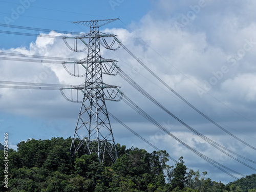 Obraz na płótnie Aerial view of High voltage line tower on mountain