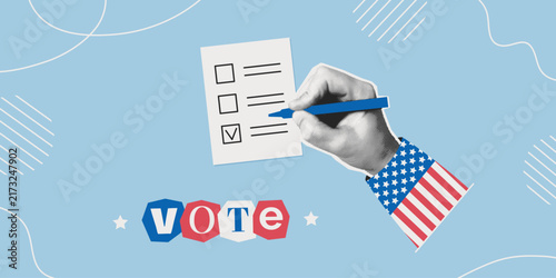USA Election collage banner. Halftone hands vote, puts check mark on ballot paper. Paper cut out vintage pop art sticker and letters from magazine. Vector.