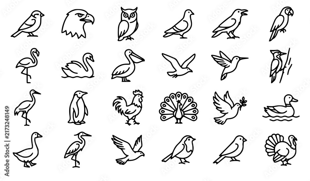Fototapeta premium SEO Title: Collection of Various Bird Icons and Symbols in Line Art Style