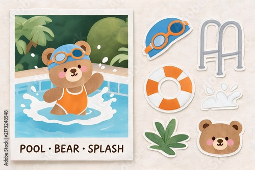 Sunny Pool Adventure: Bear in Swimsuit with Splashing Fun