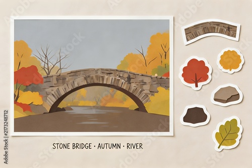 Autumn Stone Bridge: River Landscape with Fall Foliage Art