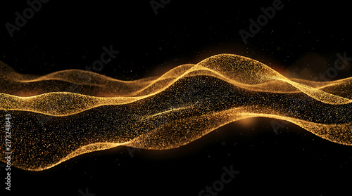 Abstract gold particle waves glowing on black background for design motion