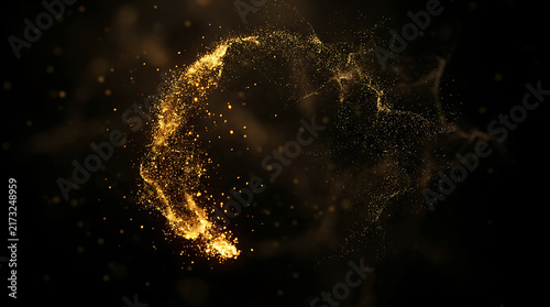 Abstract gold particle vortex swirling in darkness for creative background