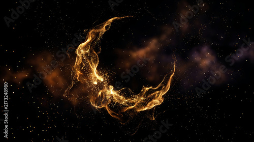 Golden crescent moon made of glowing particles in starry night sky space