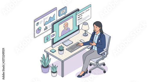 Doctor conducting telehealth consultation via video call on a desktop computer in a modern office setup with digital medical records and health analytics data charts displayed on screen
