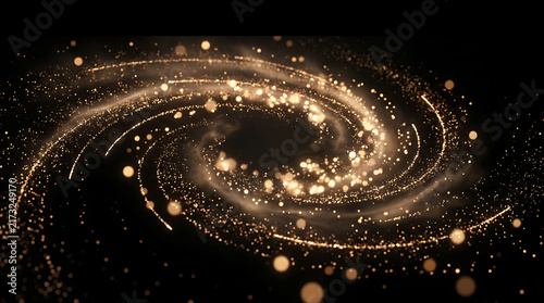 Stunning Golden Spiral Galaxy with Glowing Dust Particles and Magic Stars