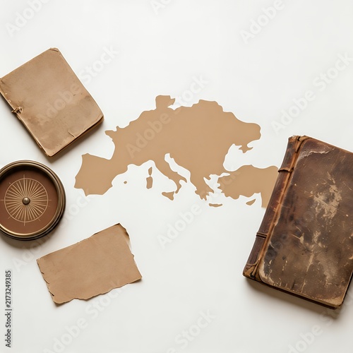 Vintage Explorer's Treasures: Aged Maps, Compass, and Leather Journal
