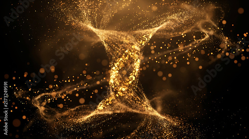 Abstract golden particle vortex swirl on black background background