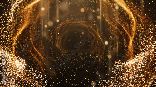 Abstract golden particle tunnel background with glowing light and shimmer
