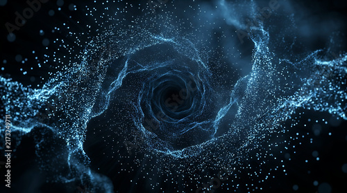 Abstract futuristic blue light particle vortex tunnel digital cyberspace background