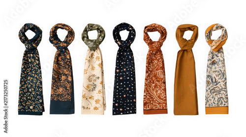 Set of tied silk scarves in different patterns