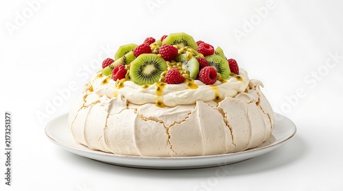 Traditional zealand pavlova dessert with a crisp meringue base, whipped cream, fresh kiwi, raspberries and passion fruit seeds on a white plate.