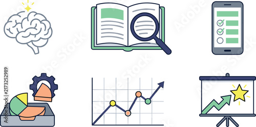 Business Research and Data Analysis Icon Collection with Brainstorming, Document Review, Checklist, Strategy, Growth Chart, and Presentation Symbols