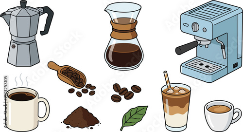 Coffee Brewing Equipment and Beverage Collection with Moka Pot, Pour Over Dripper, Espresso Machine, Coffee Beans, Ground Coffee, and Latte Drinks