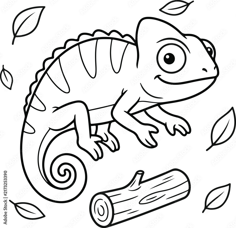 Obraz premium Cute cartoon chameleon sitting on a wooden log surrounded by falling leaves, simple line art coloring page for kids